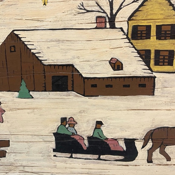 Vintage Folk Art Sleigh Ride Painting on Board 16 x 12 American Snow Horse Farm - Picture 7 of 11